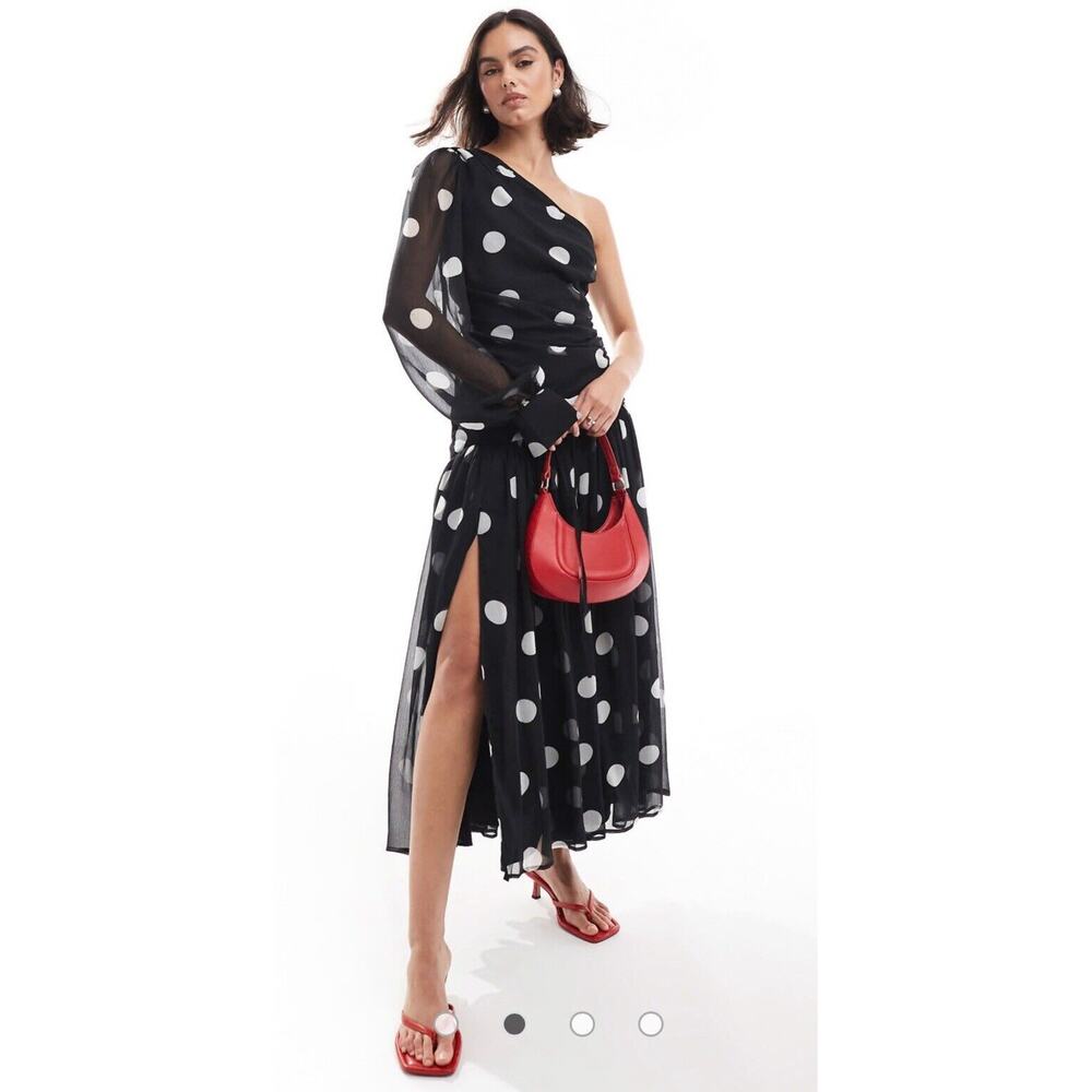 ASOS Design Women Polka Dot Maxi Dress One Shoulder Balloon Sleeve